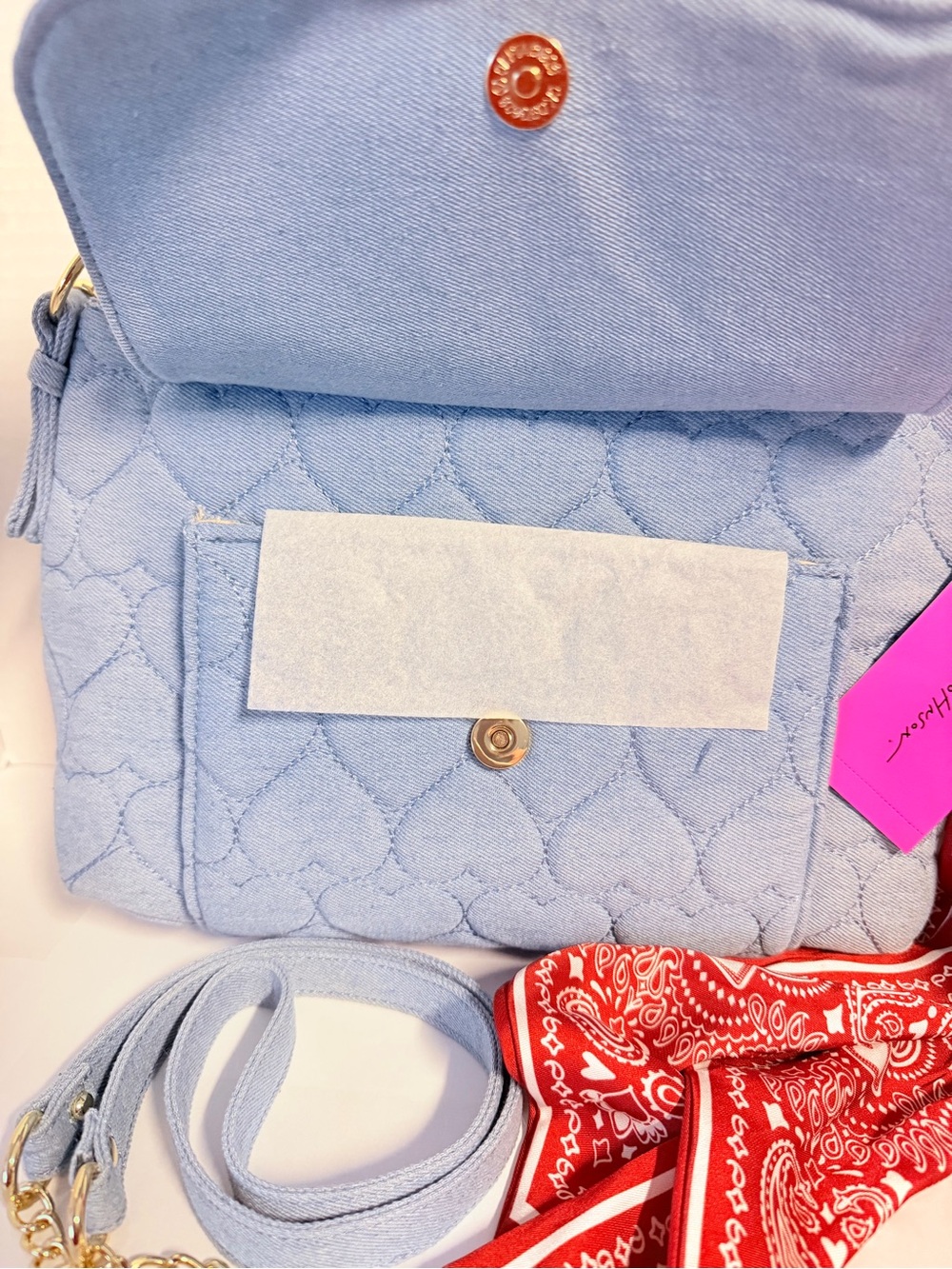 NWT: Betsey Johnson Light Blue Jean Quilted Shoulder Bag with Gold Hardware - Picture 3 of 7
